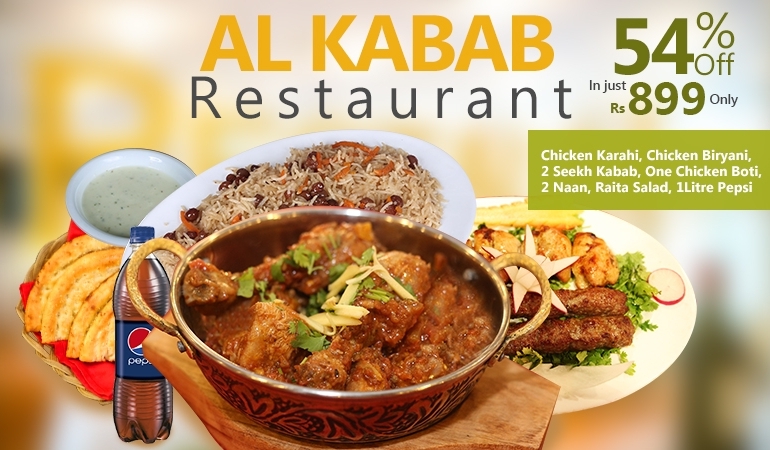 Chicken Karahi+ Chicken Biryani+ Two Seekh Kabab+ One Chicken Boti+ 2 Naan+ Raita Salad+ 1Liter Pepsi From Al Kabab Resturant