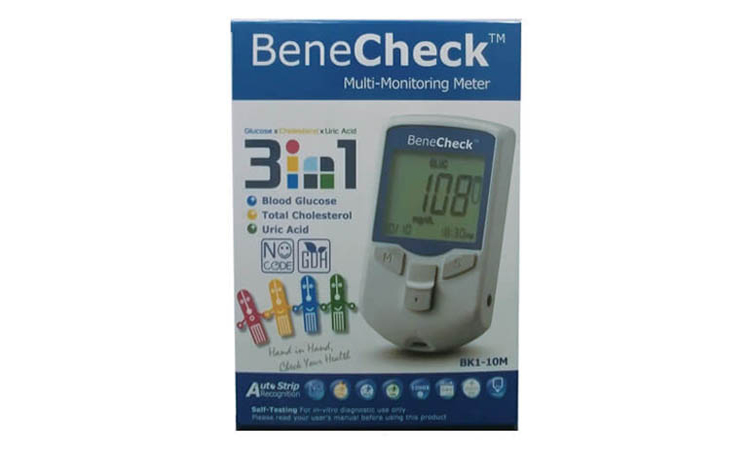 BeneCheck 3 in 1 Multi-Monitoring Meter - Blood Glucose/Total Cholesterol/Uric Acid With Glucose test strip.