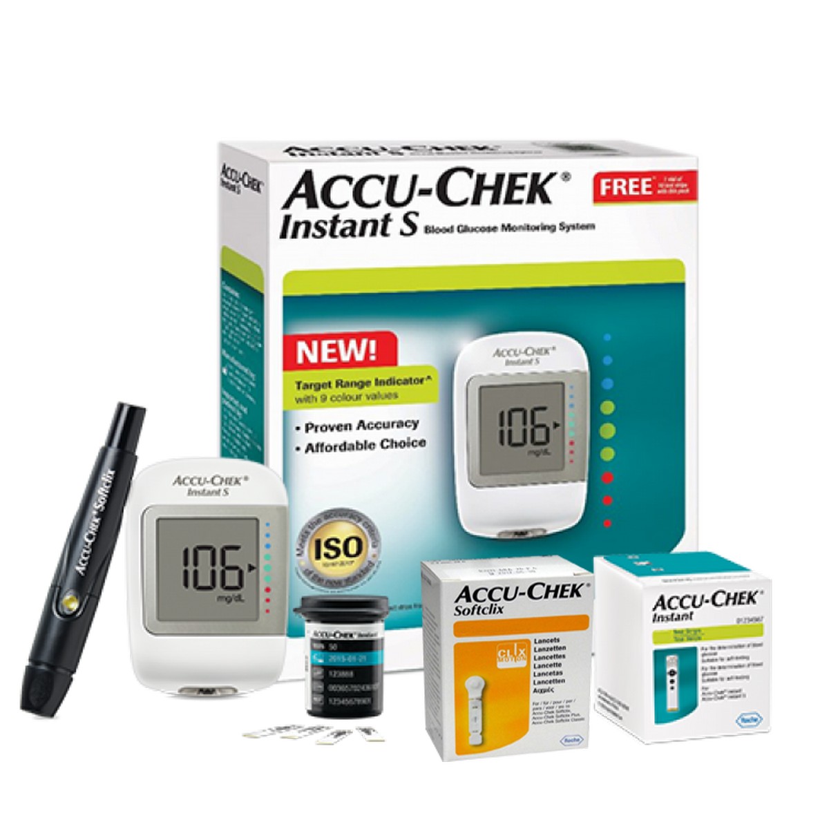 Accu Check Instant s Glucometer with 50 pack strips 50 pack needles and 50 Pcs alchol swab