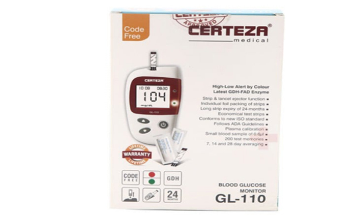 Certeza GL 110 - Blood Glucose Monitor With Free 10 Strips - Glucometer - Sugar meter - Complete kit (White) - Original comes with 1 Year Warranty