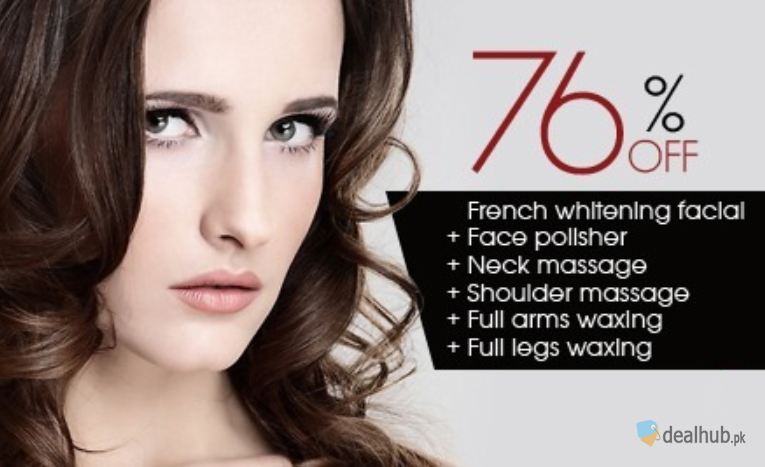 French Whitening Facial + Face Polisher + Neck Massage + Shoulder Massage + Full Arms Waxing + Full Legs Waxing at The Beauty Room Salon Gulberg, Lahore.