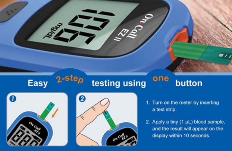 On-Call EZ II Blood Glucose Monitoring System: 10 Test Strips + Blood Glucose Meter + Code Chip + Lancing Device + 10 Sterile Lancets + Carrying Case + Warranty Card + User Guide from ACON International