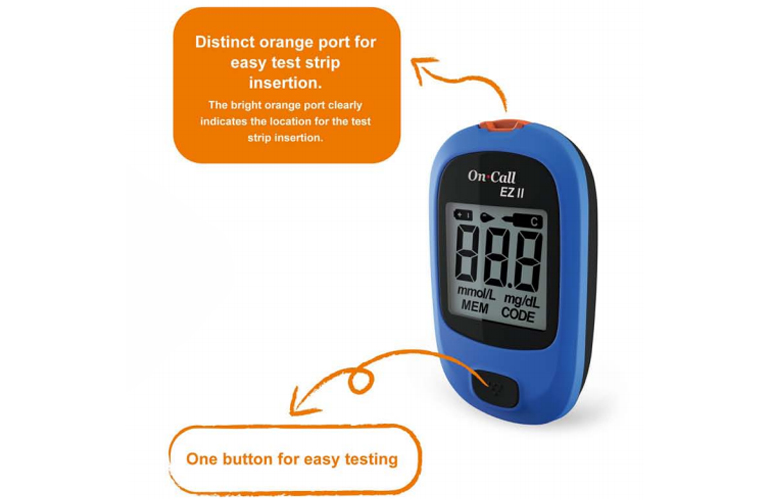 On-Call EZ II Blood Glucose Monitoring System: 10 Test Strips + Blood Glucose Meter + Code Chip + Lancing Device + 10 Sterile Lancets + Carrying Case + Warranty Card + User Guide from ACON International