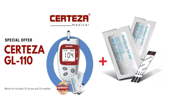 Certeza GL 110 - Blood Glucose Monitor With Free 10 Strips - Glucometer - Sugar meter - Complete kit (White) - Original comes with 1 Year Warranty