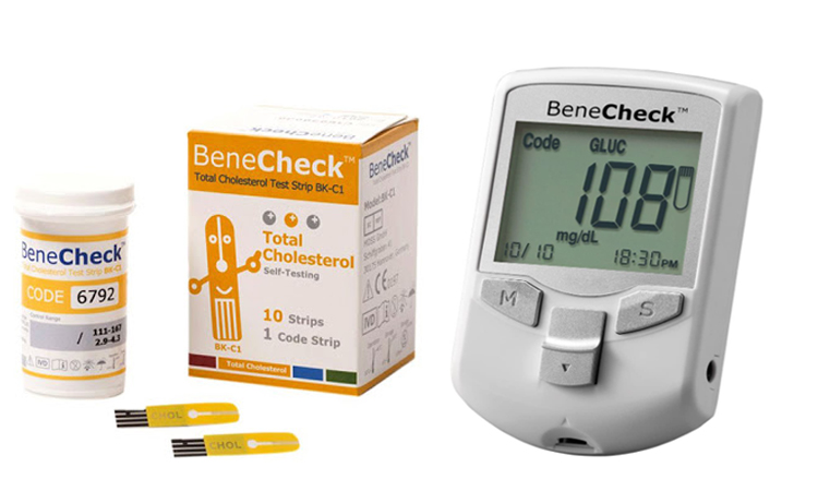 BeneCheck Multi-Monitoring Meter (3 in 1 Sug,Chol,Uric Acid Meter kit) Plus Total Cholesterol Test Strips (with Lancing Pen - Strips - Lancets & Carry Case)