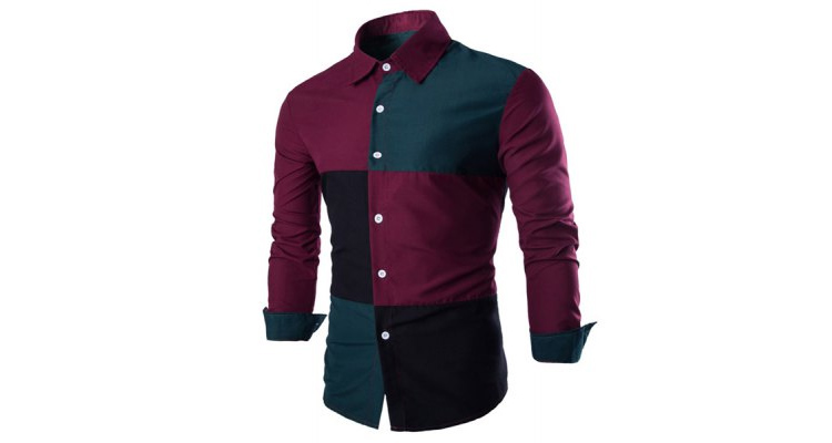 Fashion Shirt Collar Color Block Stitching Slimming Long Sleeve Cotton Blend Shirt For Men  -  L  RED AND GREEN