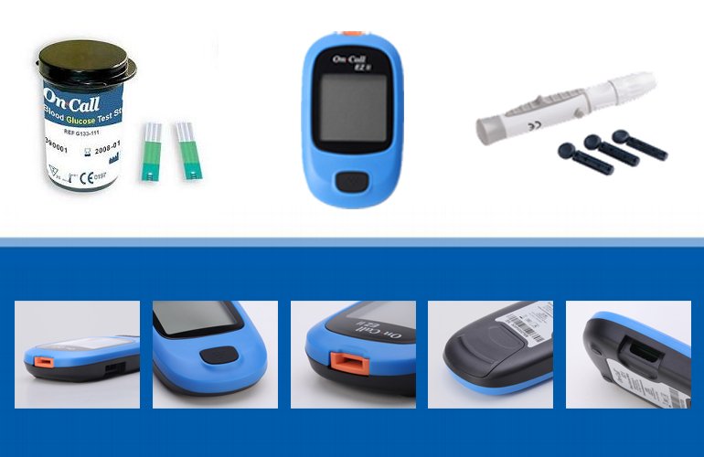 On-Call EZ II Blood Glucose Monitoring System: 10 Test Strips + Blood Glucose Meter + Code Chip + Lancing Device + 10 Sterile Lancets + Carrying Case + Warranty Card + User Guide from ACON International