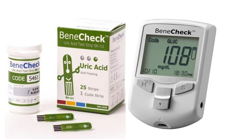 BeneCheck Multi-Monitoring Meter (3 in 1 Sug, Chol, Uric Acid Meter kit) Plus Pack of Uric Acid Test Strips (with Lancing Pen - Strips - Lancets & Carry Case)