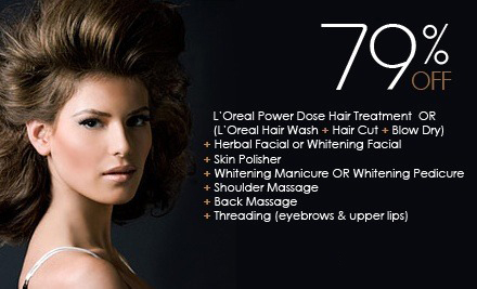 79% off, Rs 2250 only for LOreal Power Dose Hair Treatment or (LOreal Hair Wash + Hair Cut + Blow Dry) + Herbal or Whitening Facial + Skin Polisher + Whitening Manicure or Pedicure + Shoulder & Back Massage + Threading at The Beauty Room Salon Gulberg III, Lahore.